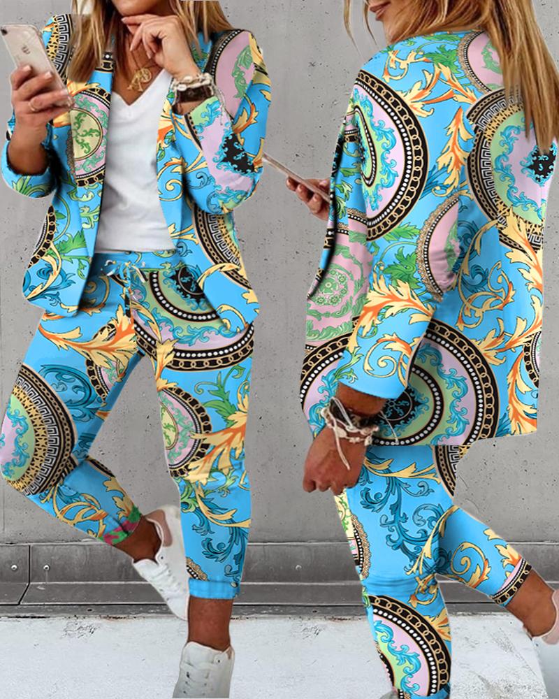 

Baroque Scarf Print Blazer Coat & Drawstring Pants Set, Blue