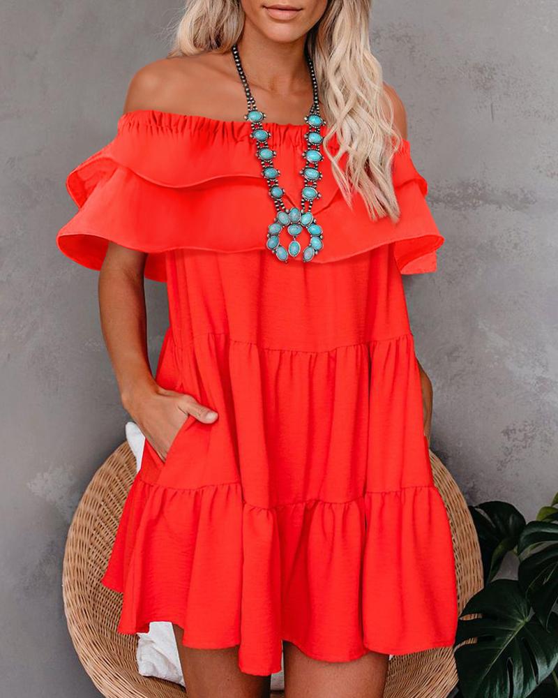 

Off Shoulder Frill Hem Ruffles Casual Dress, Red