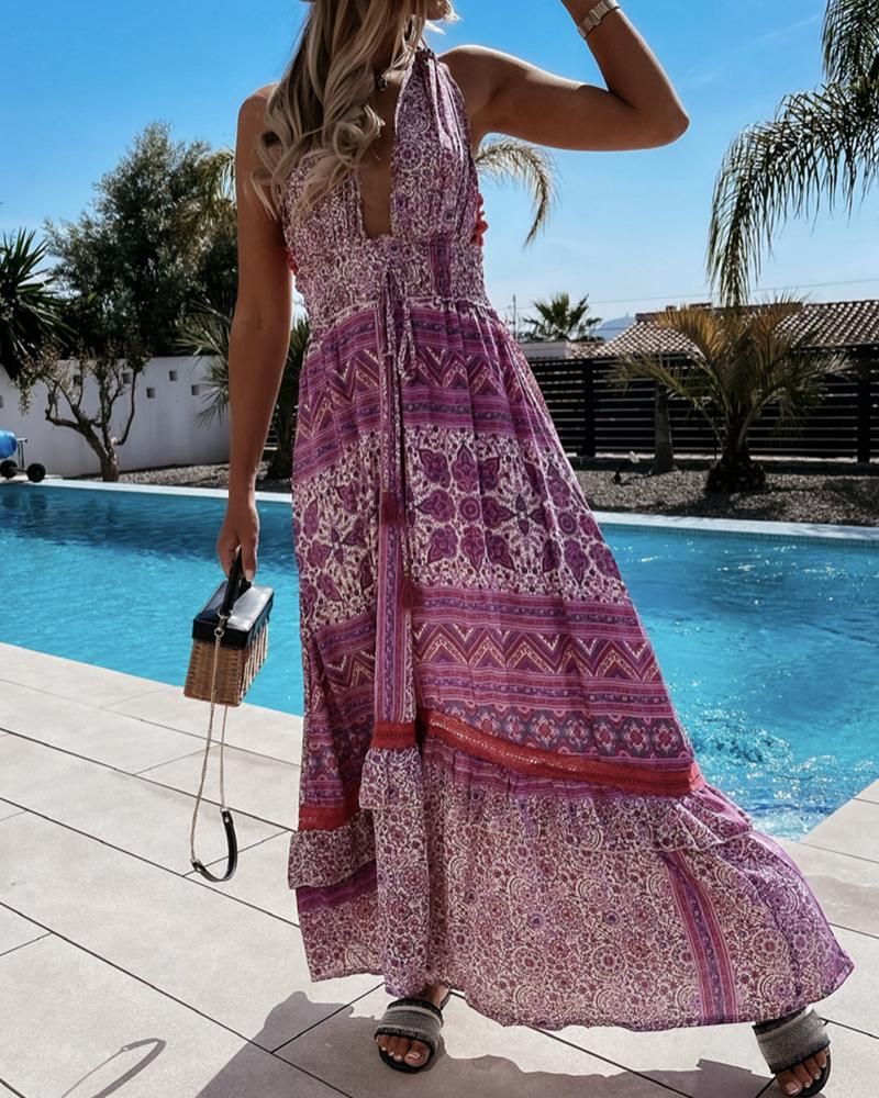 

Retro Print Colorblock Plunge Sleeveless Maxi Dress, Purple