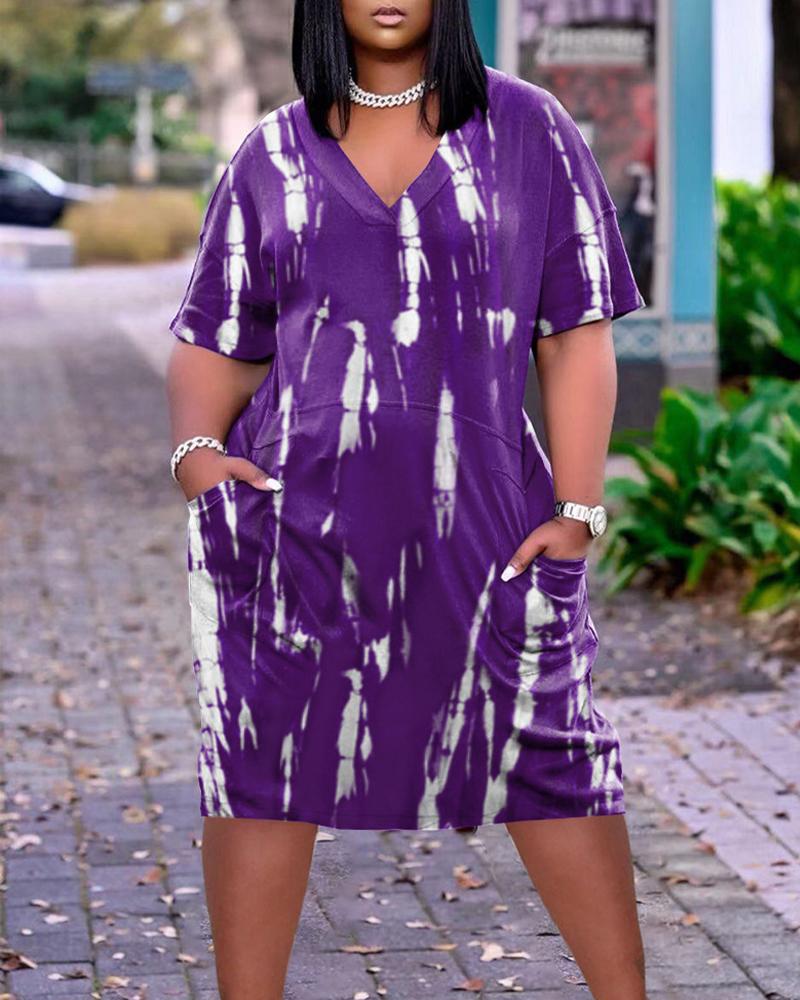 

Plus Size Tie Dye Print Pocket Detail Casual Dress, Purple