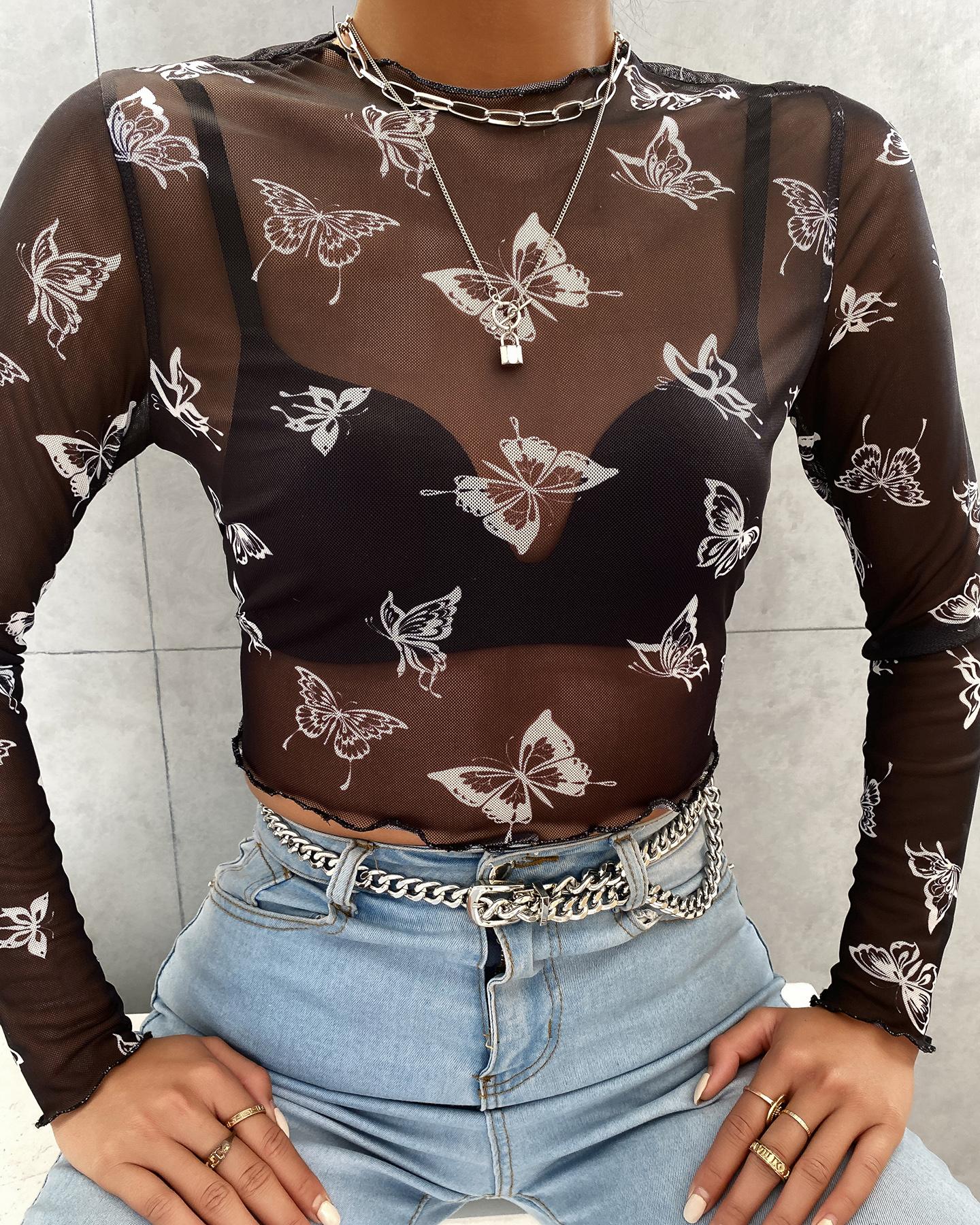 

Butterfly Print Sheer Mesh Long Sleeve Top, Black