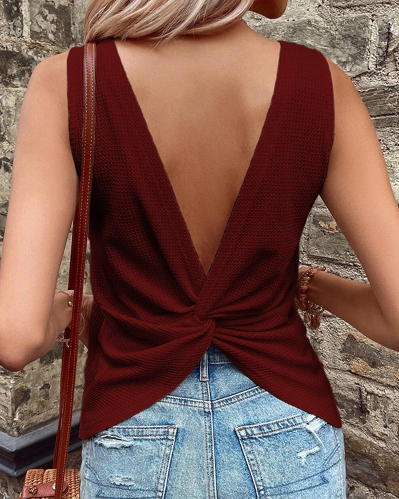 

Twisted Backless V-Neck Tank Top, Wine red