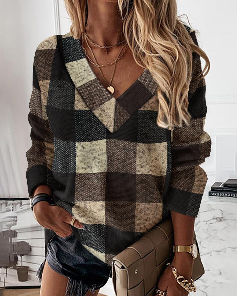 

Plaid Print Long Sleeve Casual Top, Brown