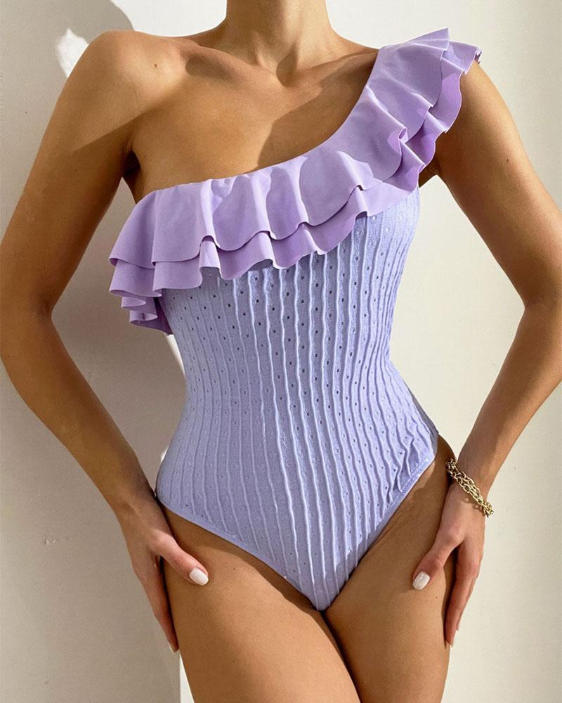 

One Shoulder Ruffle Hem One-Piece Swimsuit, Purple