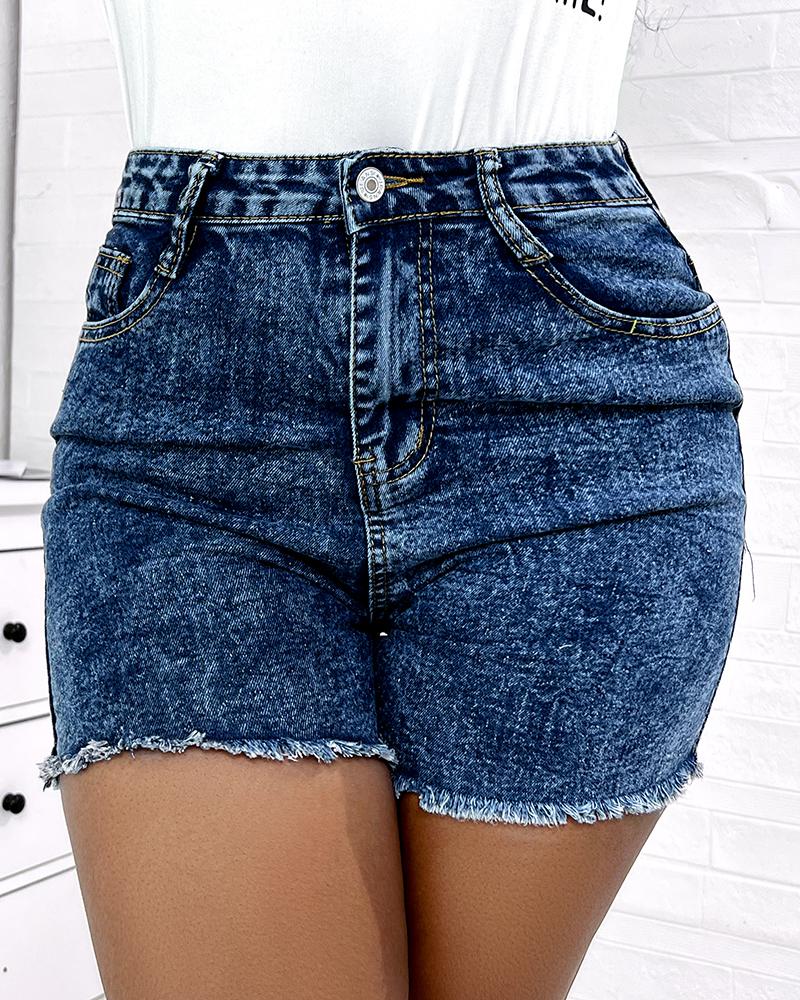 

High Waist Fringe Hem Casual Denim Shorts, Dark blue