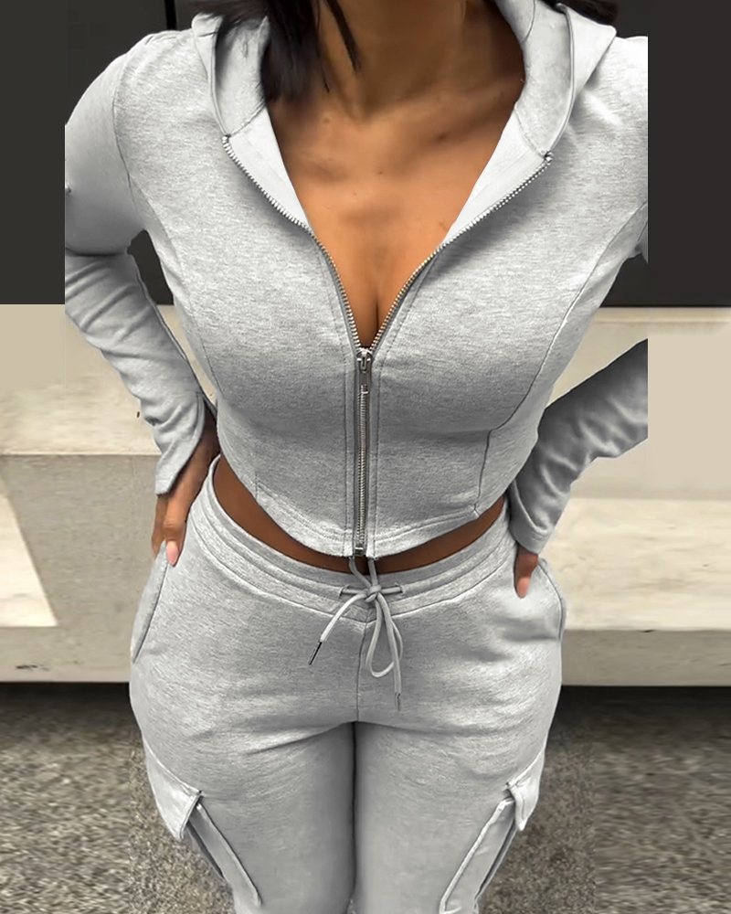 

Zipper Design Crop Hoodie & Drawstring V-cut Waistline Cargo Joggers Sweatpants Set, Gray