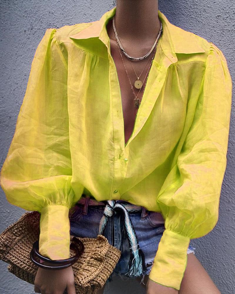 

Plain Lantern Sleeve Casual Shirt, Yellow