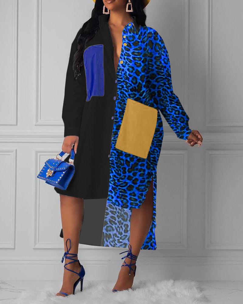 

Leopard Print Pocket Design Button Down Shirt Dress, Blue