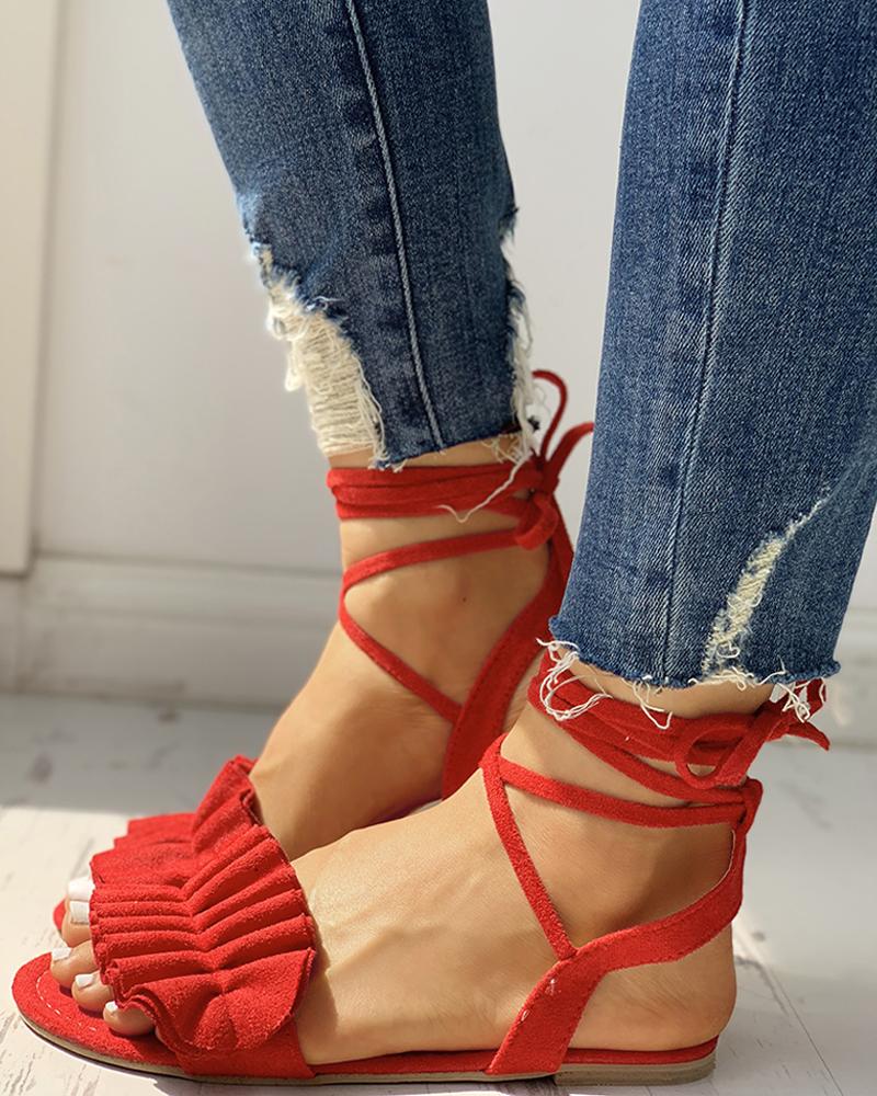 

Suede Ruched Frill Hem Flat Sandals, Red
