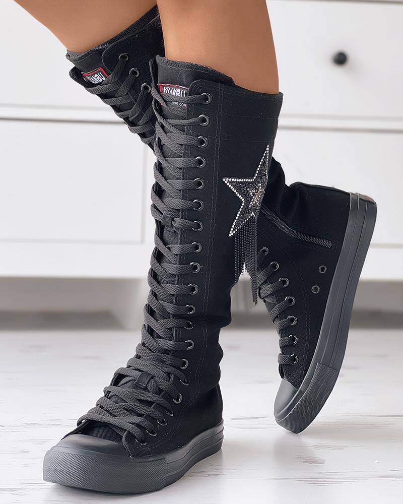

Eyelet Lace-up Tassel Design Canvas Boots, Black