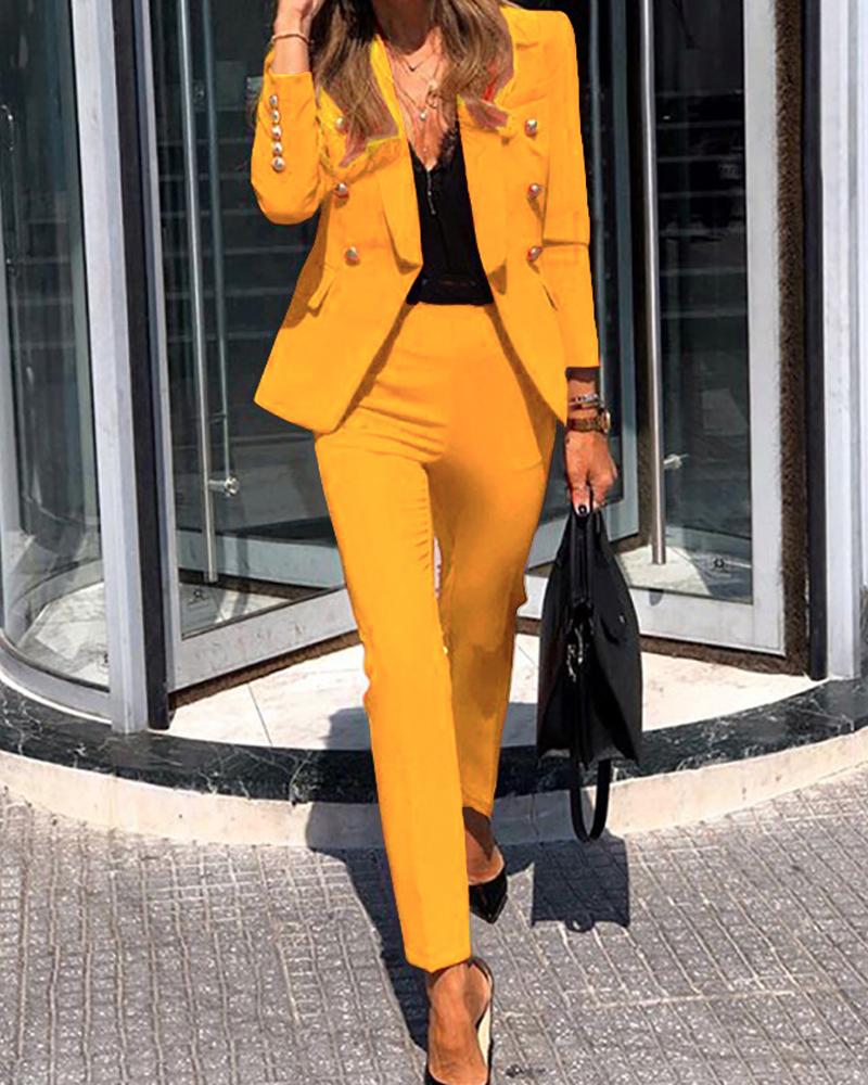 

Long Sleeve Shawl Collar Double Breasted Blazer & Pants Set, Yellow