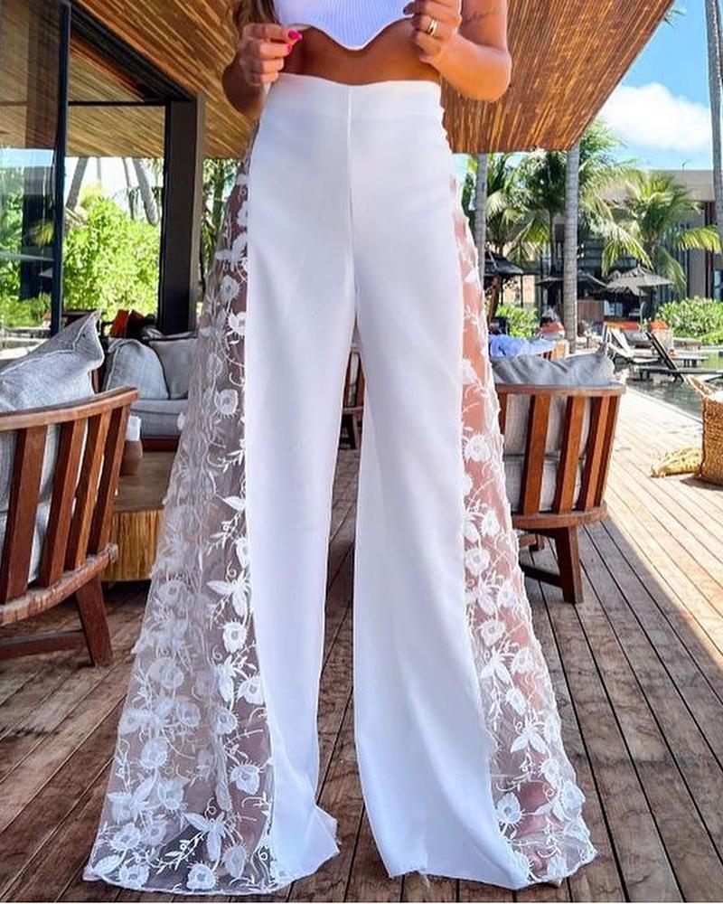 

Contrast Lace Wide Leg Bootcut Pants, White