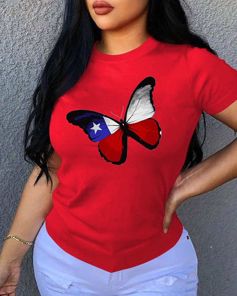 

Butterfly Print O-neck Short Sleeve T-shirt, Red