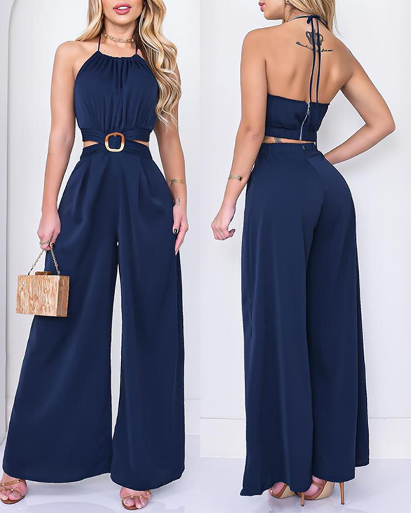 

Backless Tied Detail Ruched Wide Leg Jumpsuit, Purplish blue