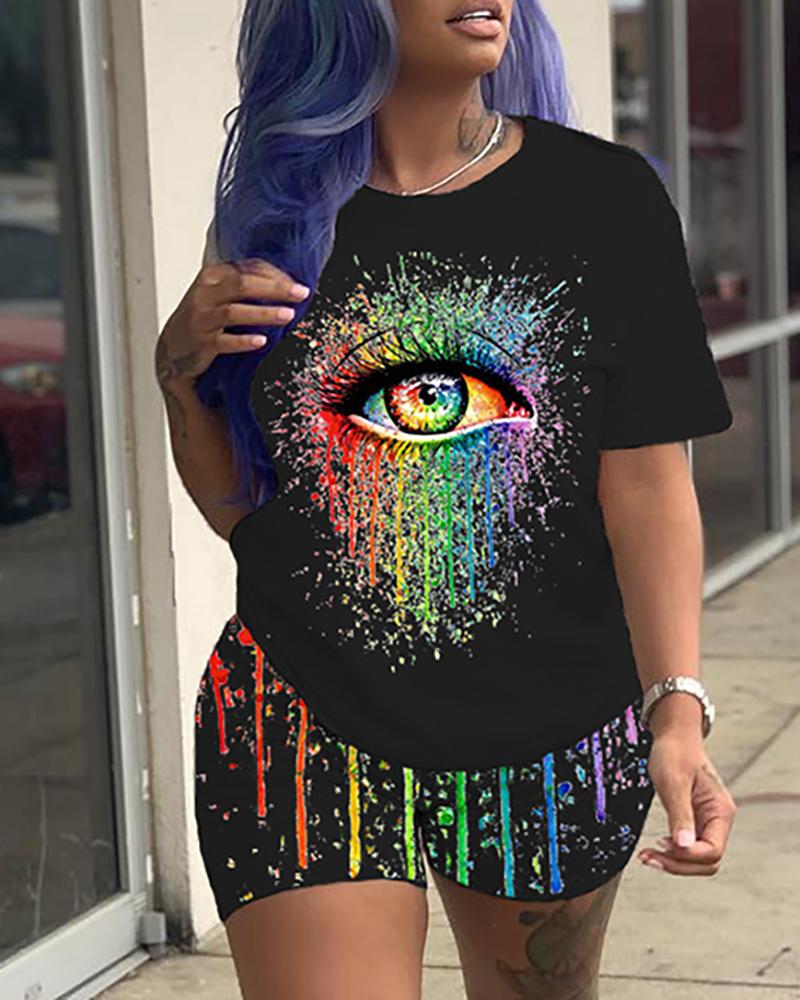 

Splash Ink Eyes Print Short Sleeve Top & Shorts Set, Black