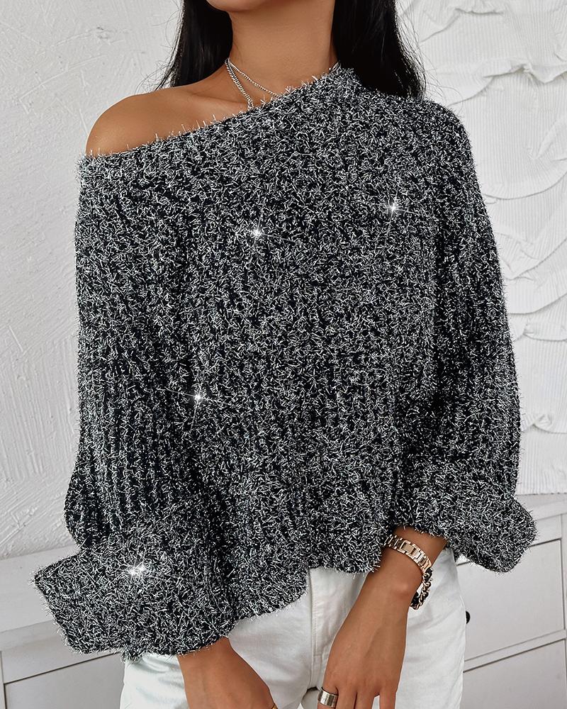 

Round Neck Asymmetrical Slit Glitter Sweater, Dark grey