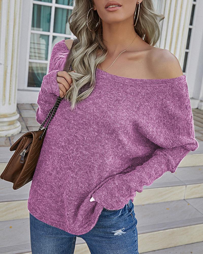 

Plain Log Sleeve One Shoulder Sweater, Light purple