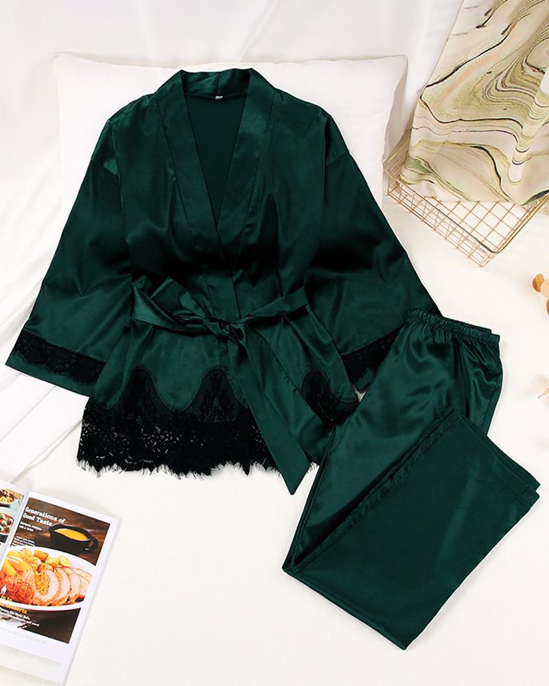 

Eyelash Crochet Lace Satin Robe With Pants, Green