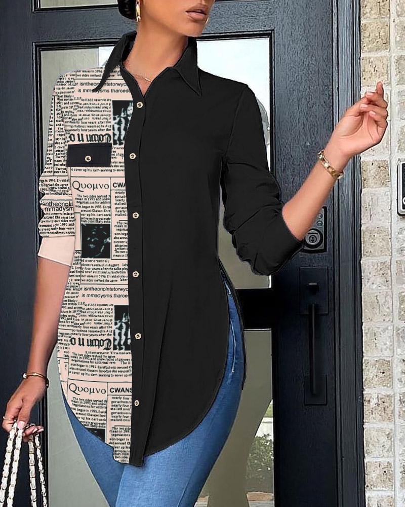 

Newspaper Print Side Slit Button Down Shirt, Black