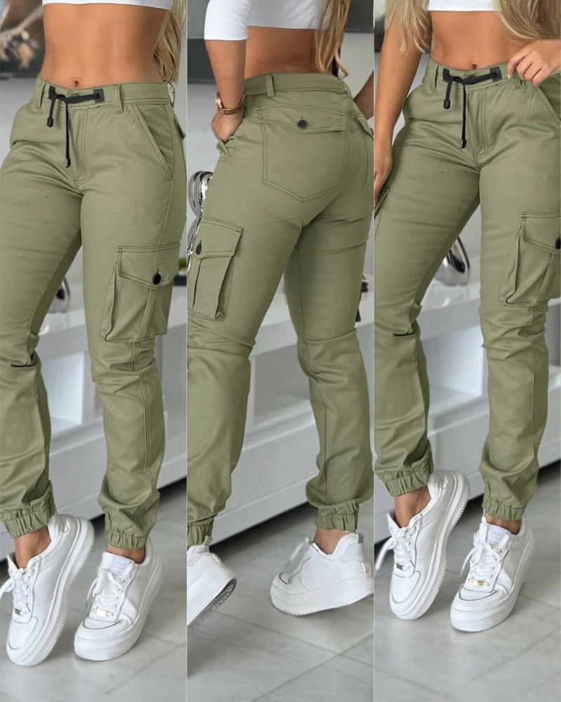 

Multiple Pockets Design Cuffed Cargo Pants Slim Fit Trousers, Army green