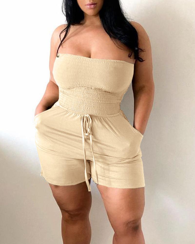 

Solid Sleeveless Slim Lace-up Romper, Apricot