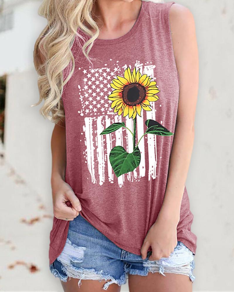 

Sunflower Flag Print Casual Tank Top, Pink