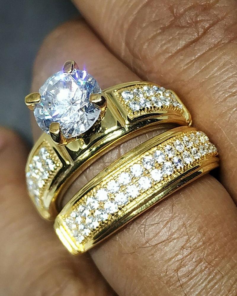 

2pcs Vintage Zircon Couple Rings Wedding Engagement Jewelry Set, Gold