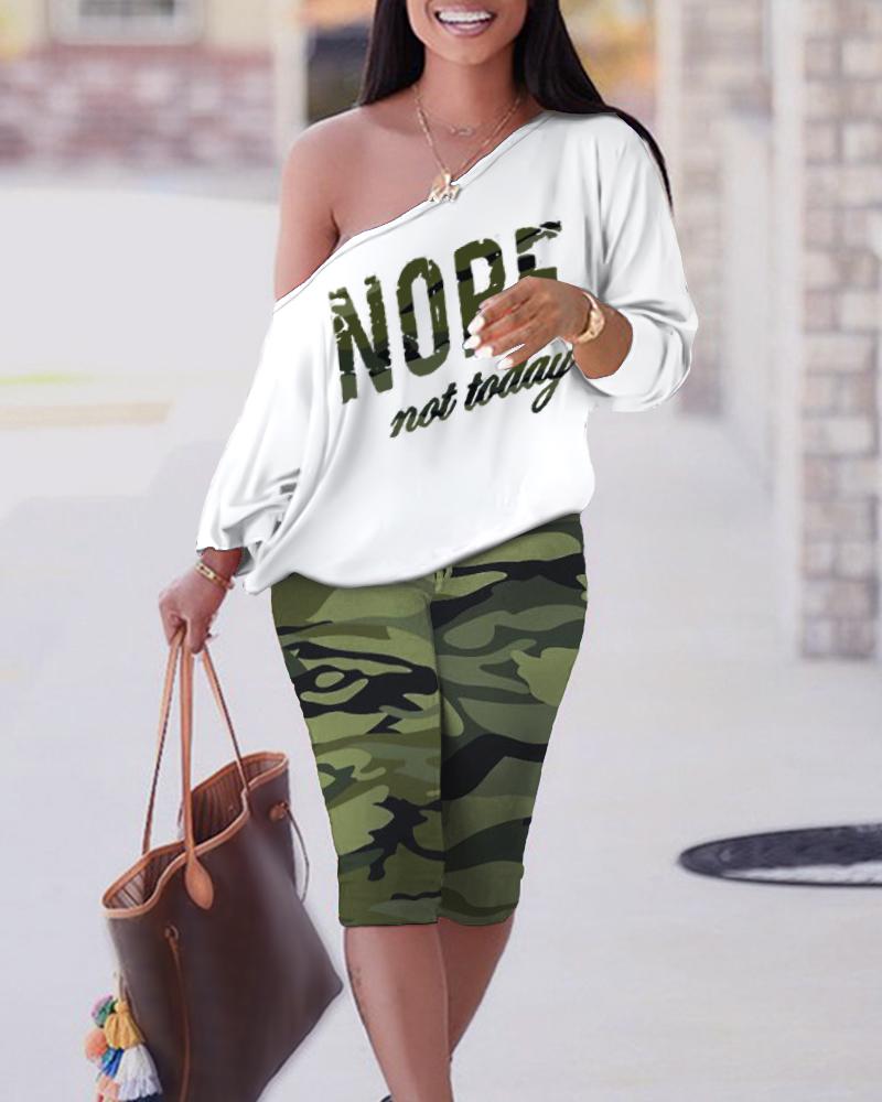 

Nope Not Today Camouflage Print Cold Shoulder Top & Capris Pants Set, Camoflage