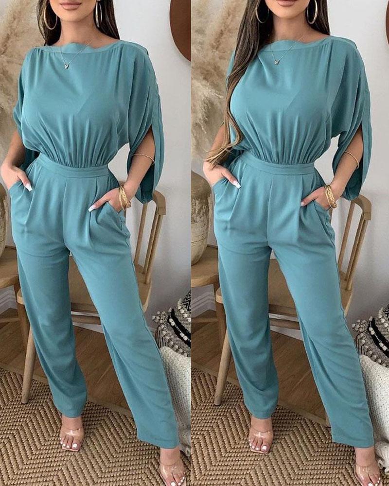 

Split Sleeve Pocket Detail Casual Jumpsuit, Blue