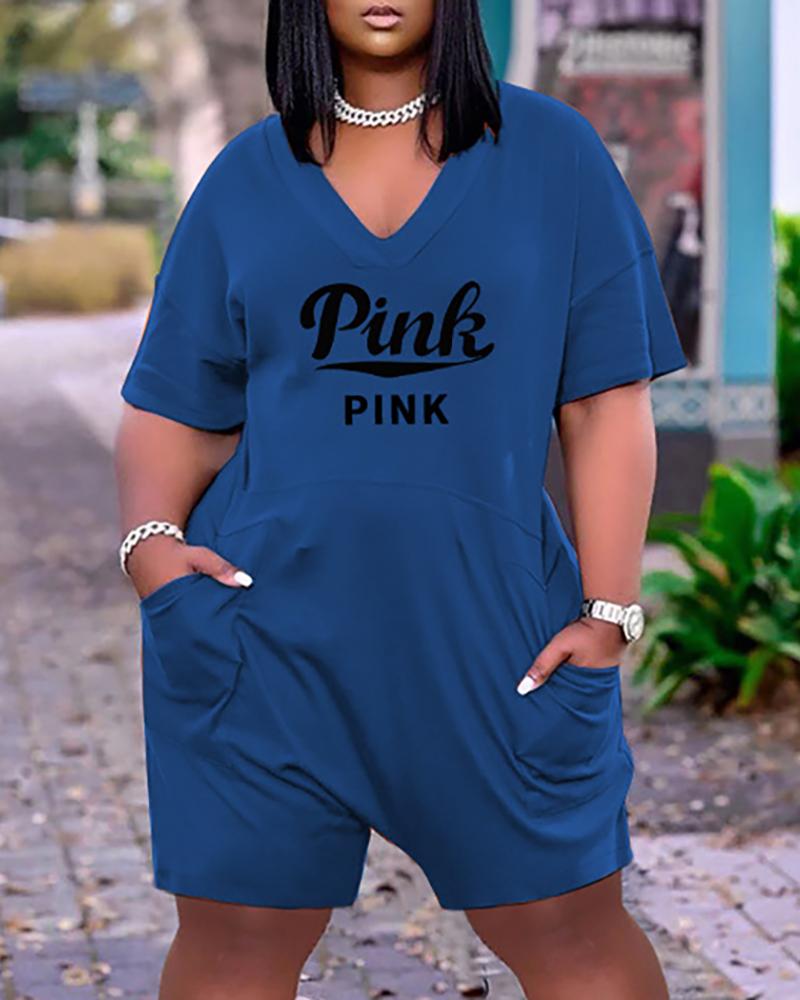 

Pocket Design Letter Print Short Sleeve Romper, Dark blue