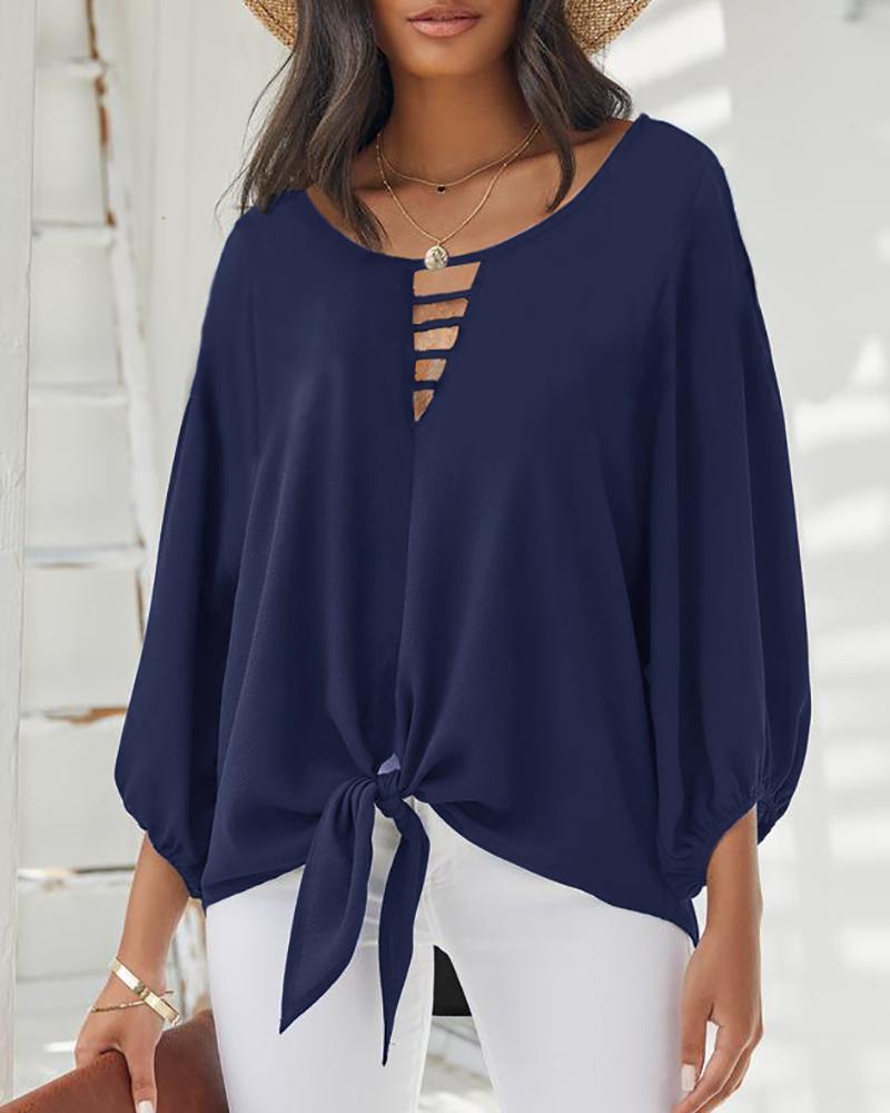 

Lantern Sleeve Cutout Knotted Front Top, Purplish blue