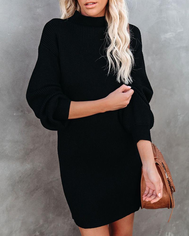 

Lantern Sleeve Mock Neck Casual Knit Dress, Black
