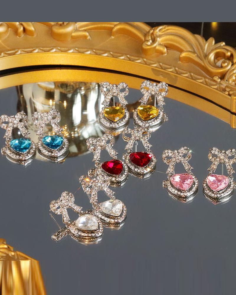

1Pair Rhinestone Heart Bowknot Pattern Drop Earrings, Pink