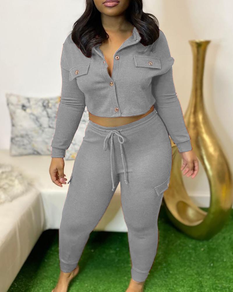 

Pocket Design Buttoned Top & Drawstring Pants Set, Gray