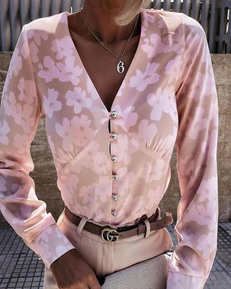 

Floral Print V-Neck Button Up Top, Pink