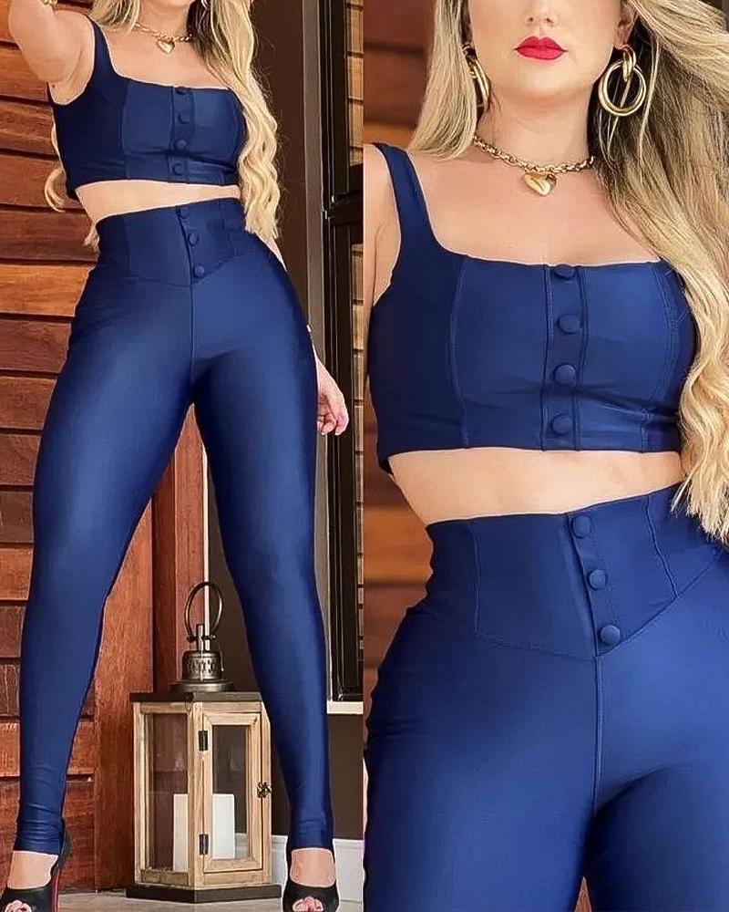 

Button Decor Crop Top & High Waist Pants Set, Purplish blue