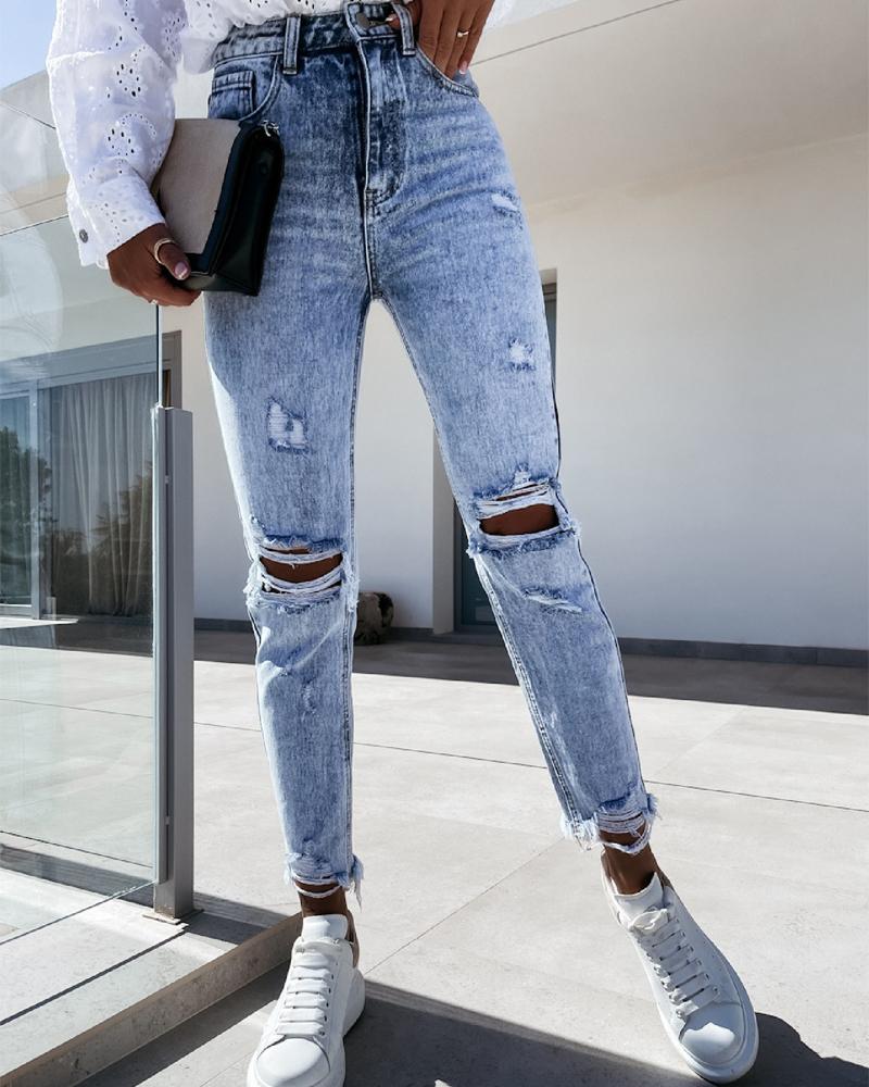 

High Waist Cutout Ripped Raw Hem Jeans, Blue