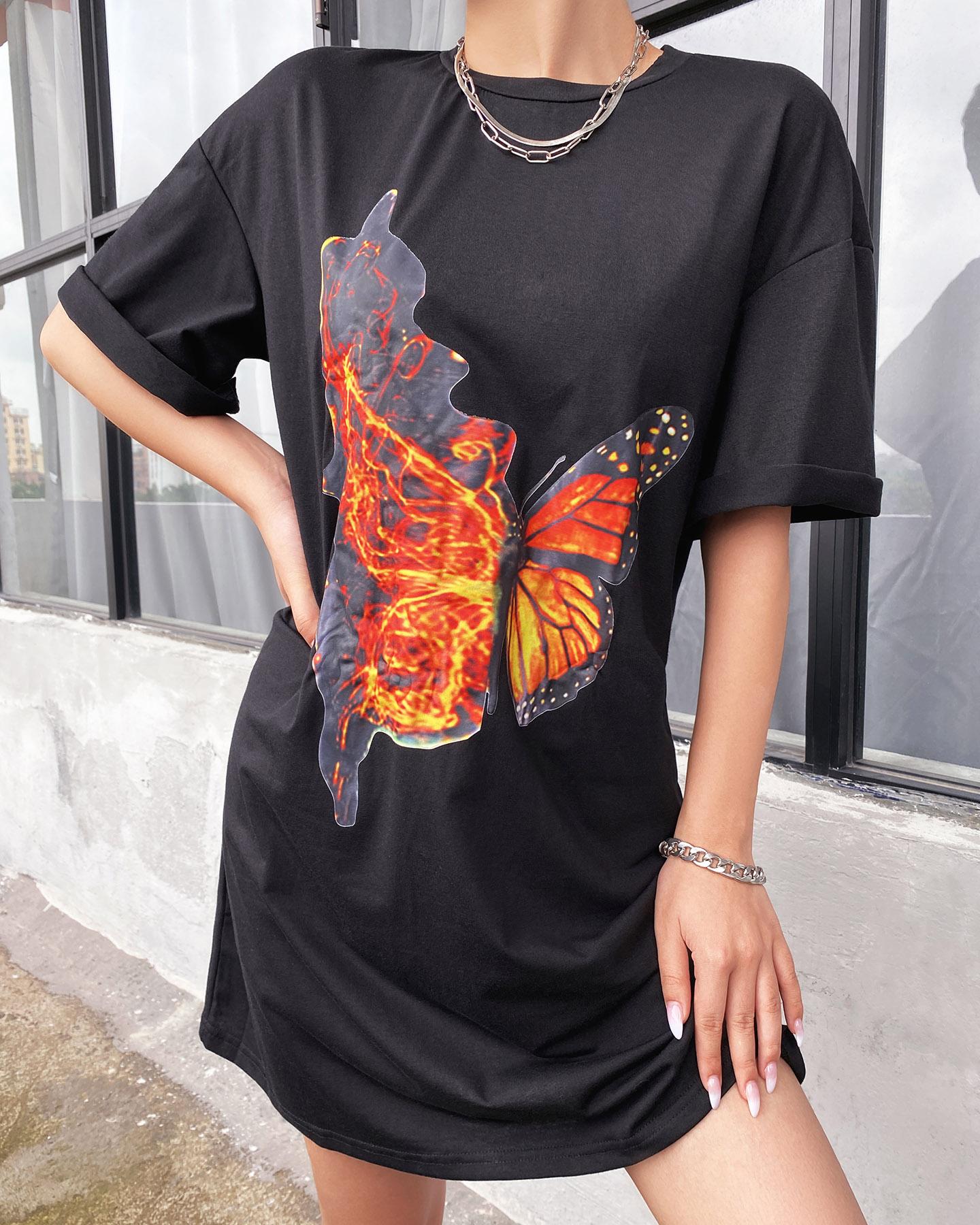 

Butterfly Print Short Sleeve Casual T-Shirt Dress, Black