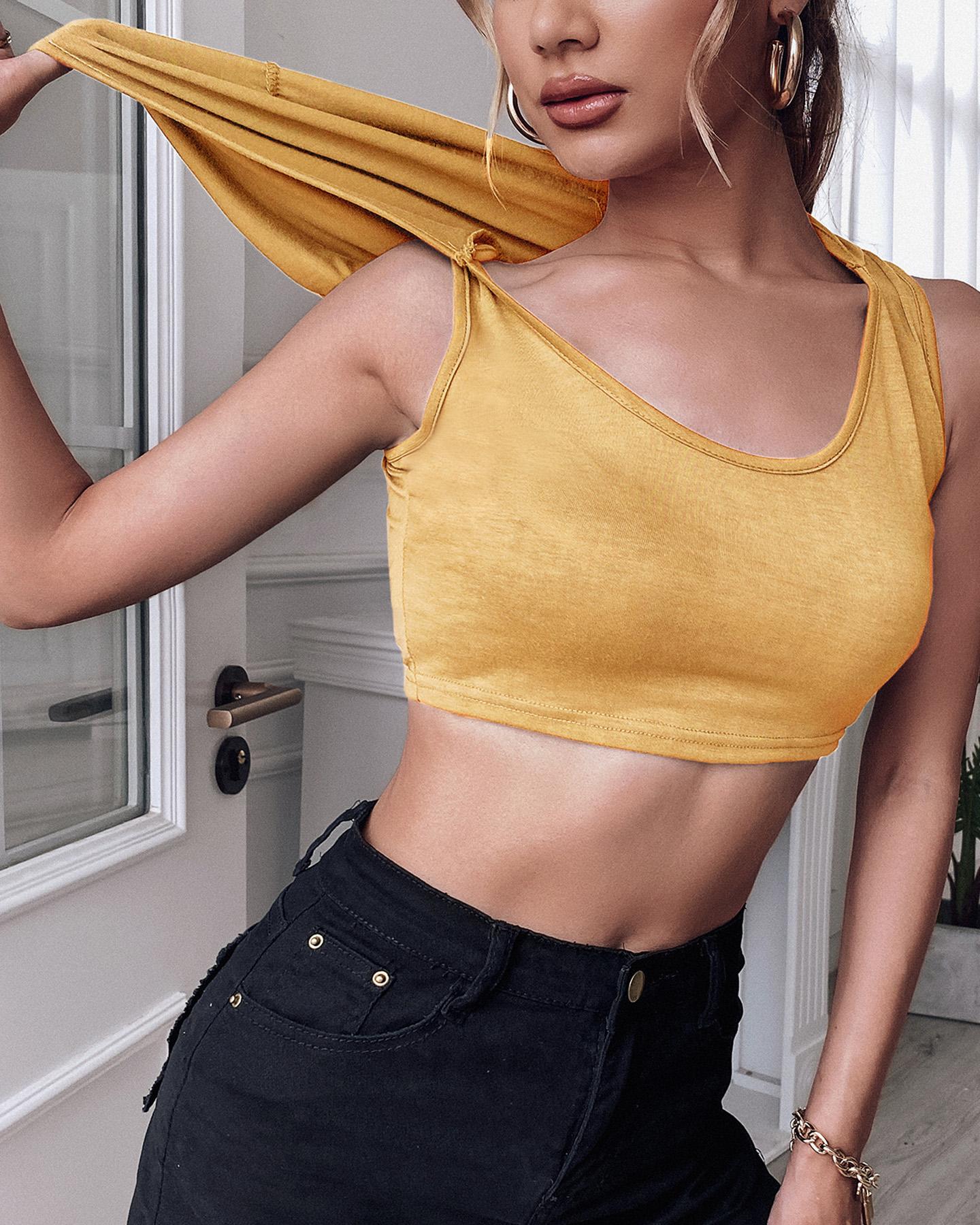 

Plain V Neck Sleeveless Short Hoodie Top, Yellow