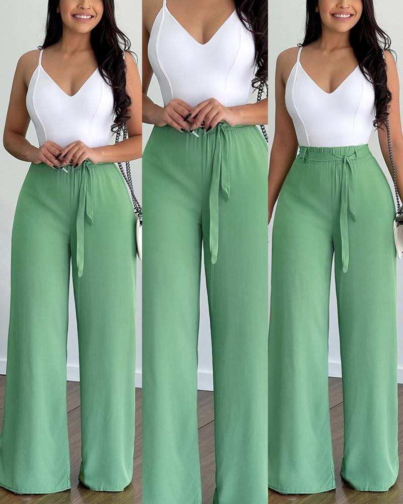

V-Neck Cami Top & Wide Leg Pants Set, Green