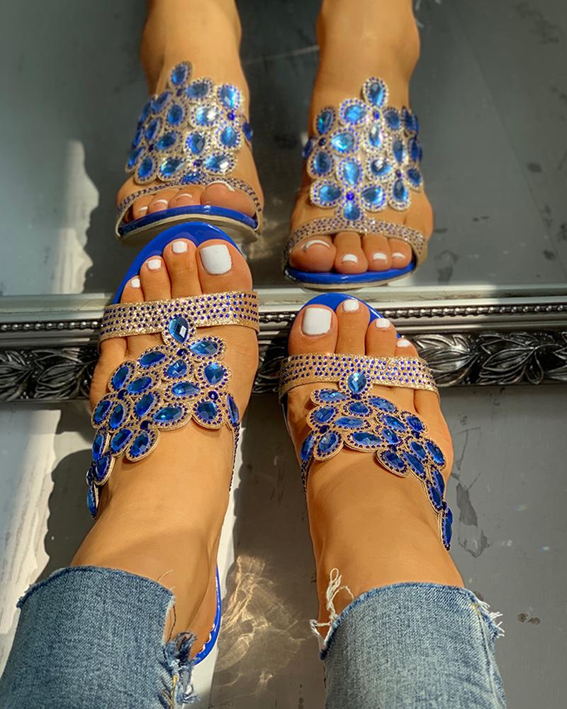 

Waterdrop Rhinestone Chunky Heeled Sandals, Dark blue