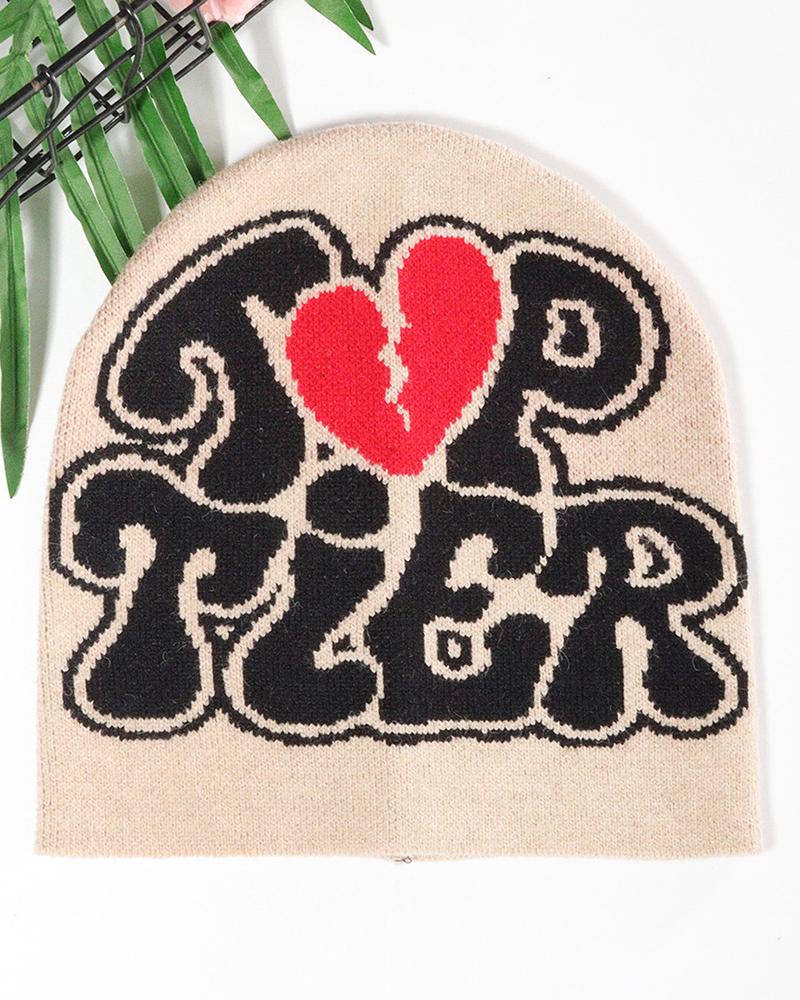 

Broken Heart Letter Pattern Warm Winter Beanie Hat, Beige
