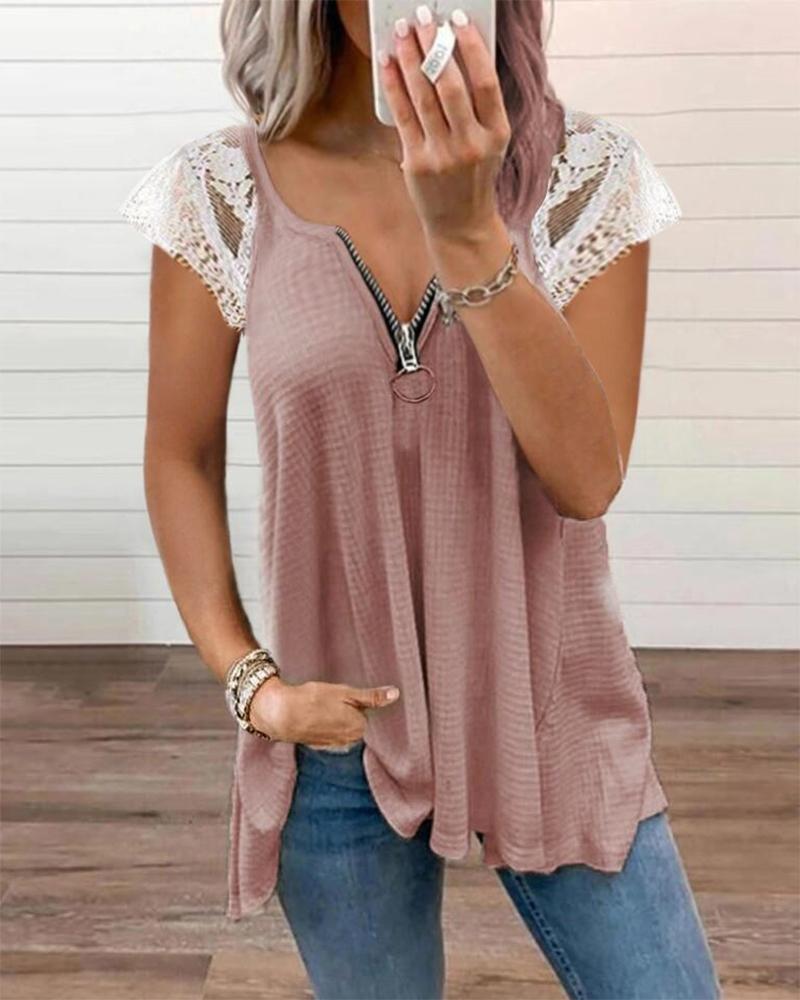 

Waffle Knit Contrast Lace Zip Front Top, Pink