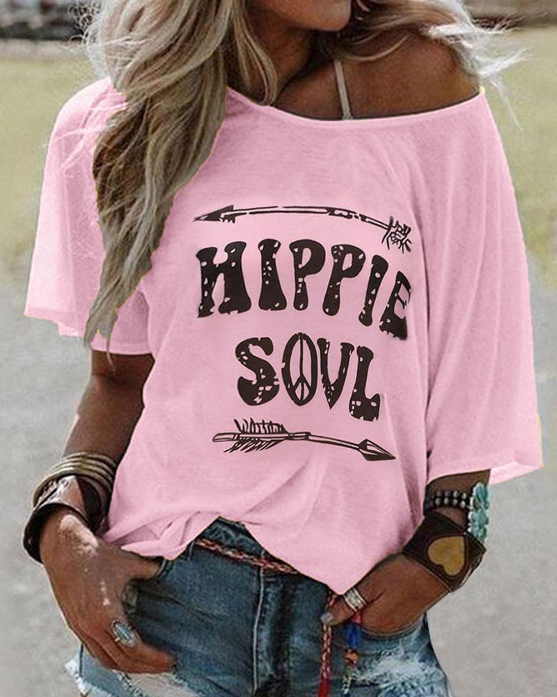 

Letter Print Short Sleeve Casual T-shirt, Pink