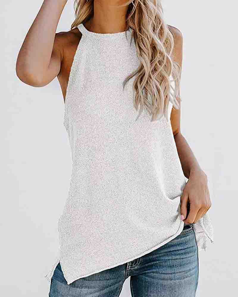 

Sleeveless Plain Side Slit O-neck Top, White