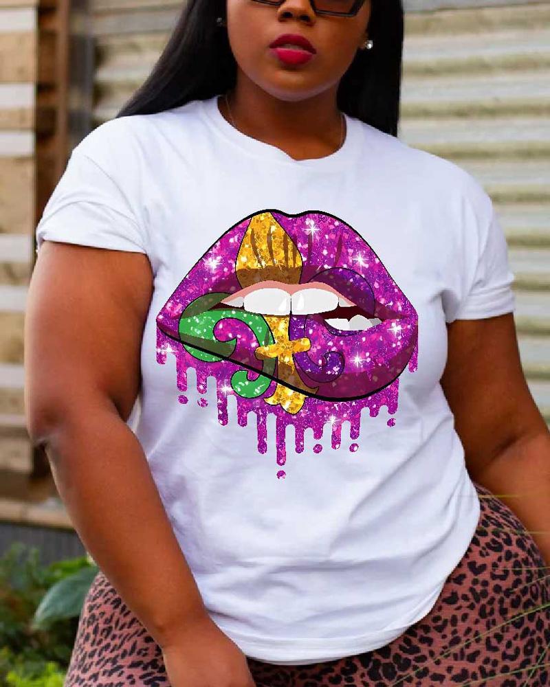

Plus Size Mardi Gras Lip Print Casual T-shirt, White