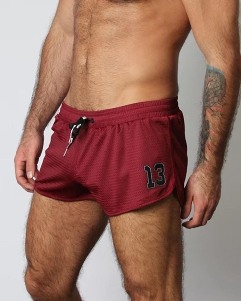 

Solid Color Splicing Letter Print Drawstring Short Pants, Red