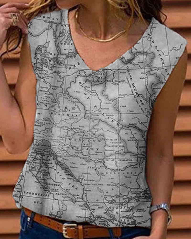 

Map Print Sleeveless Tank Top, Gray