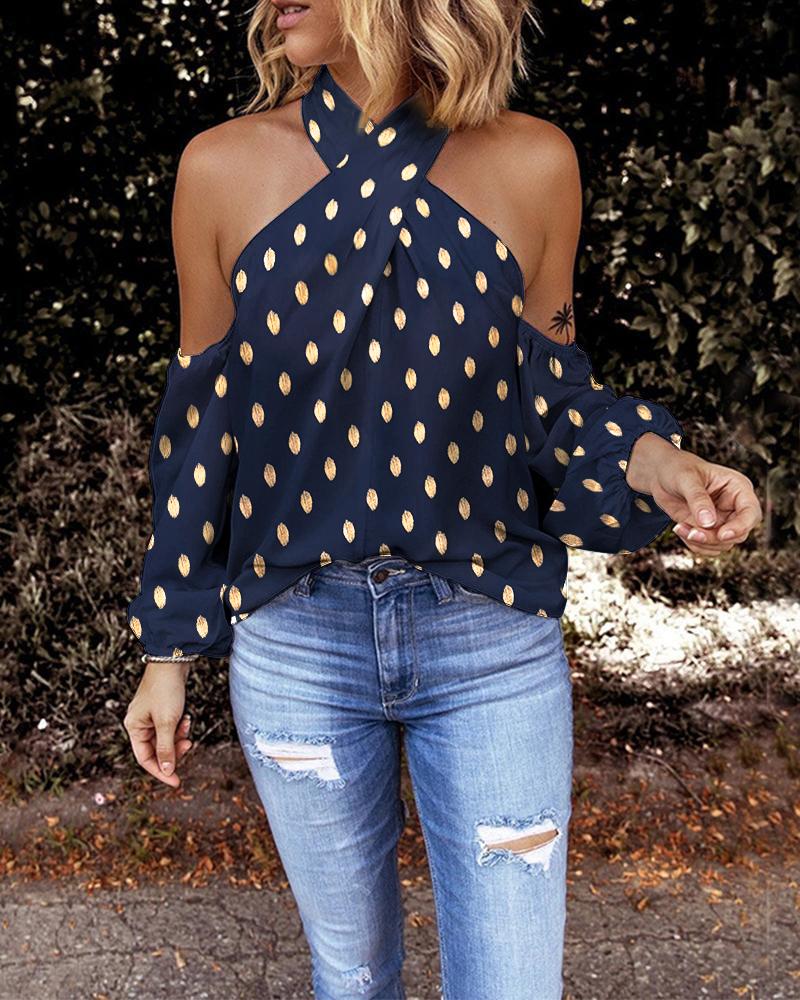 

Metallic Polka Dot Crisscross Halter Cold Shoulder Top, Purplish blue