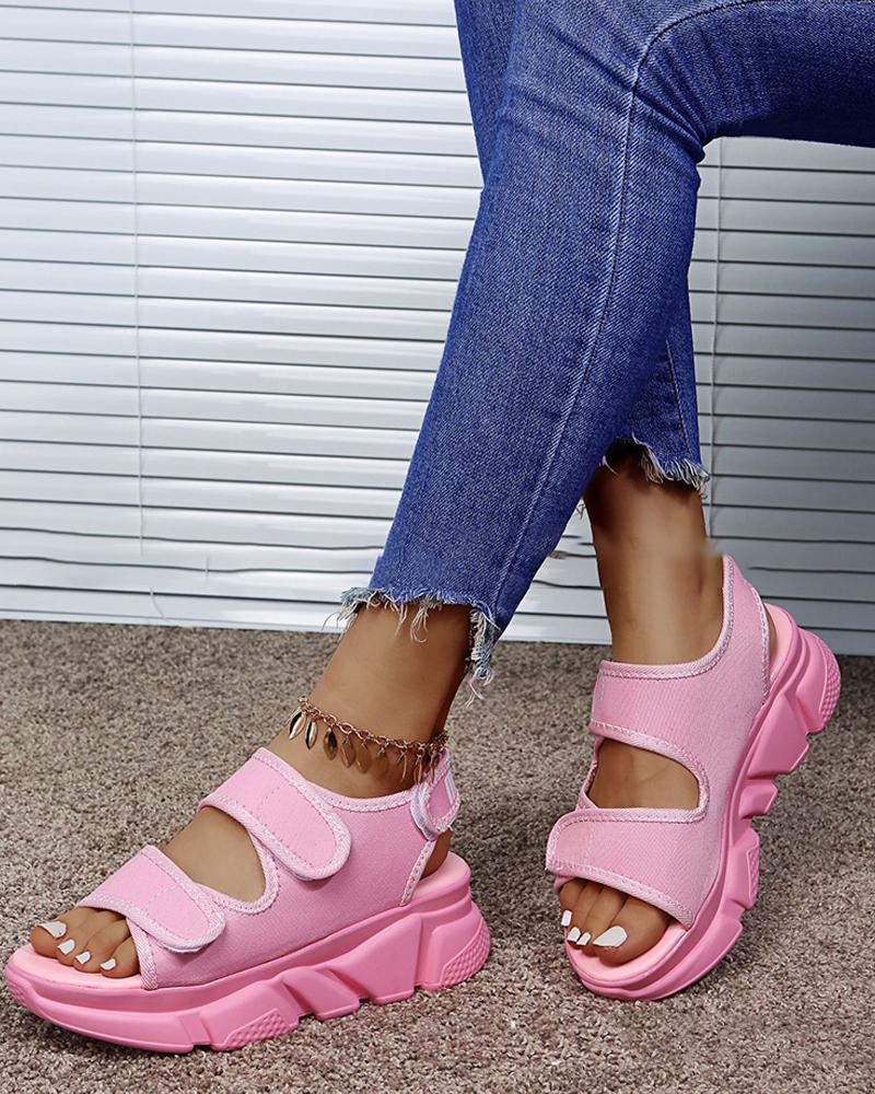 

Round-toe Solid Color Double Straps Open Toe Platform Shoes, Pink